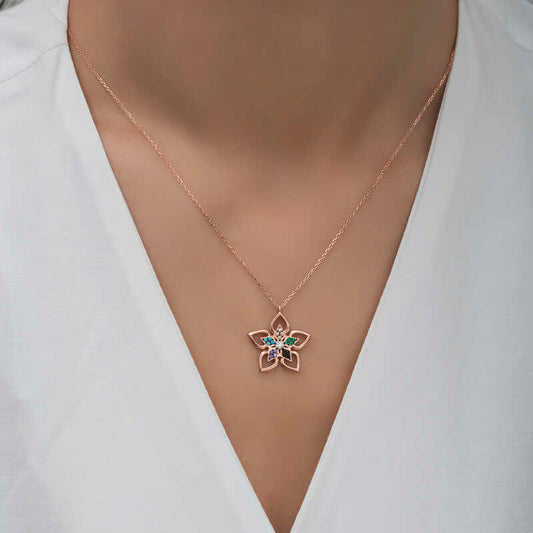 Rose Farbe Stein Blume frauen Silber Halskette