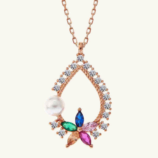 Rose Plated Colorful Stone Floral Women's Silver Necklace