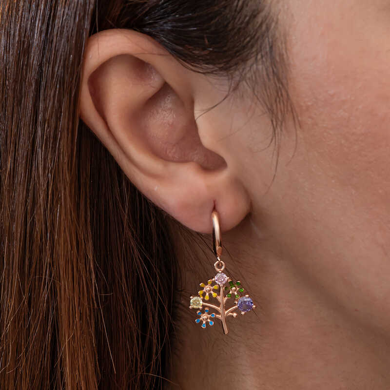 Rose Gold Plated Stone Tree of Life Women's Silver Earring