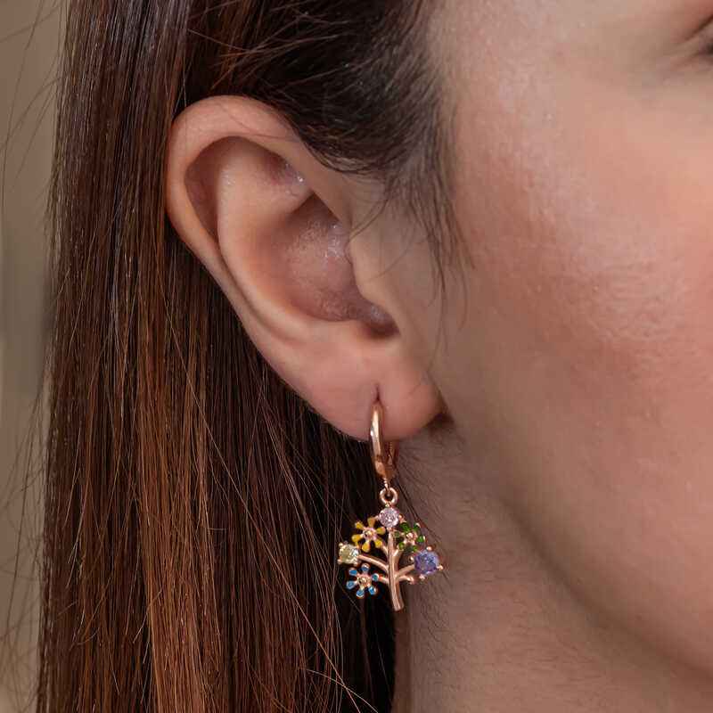 Rose Colored Stone Tree of Life Women's Silver Earring