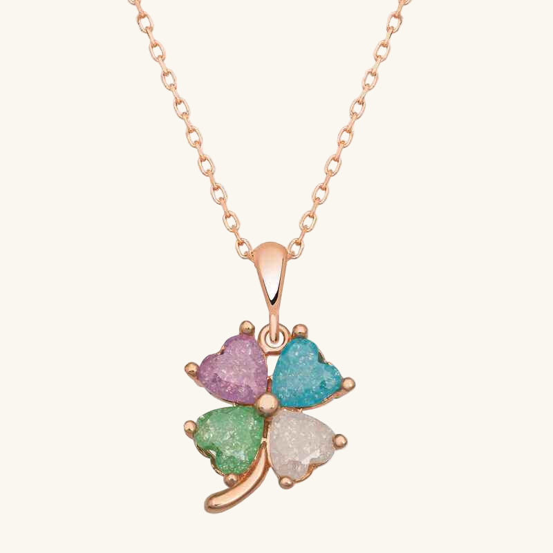 Rose Colored Stone Heart Clover Women's Silver Necklace