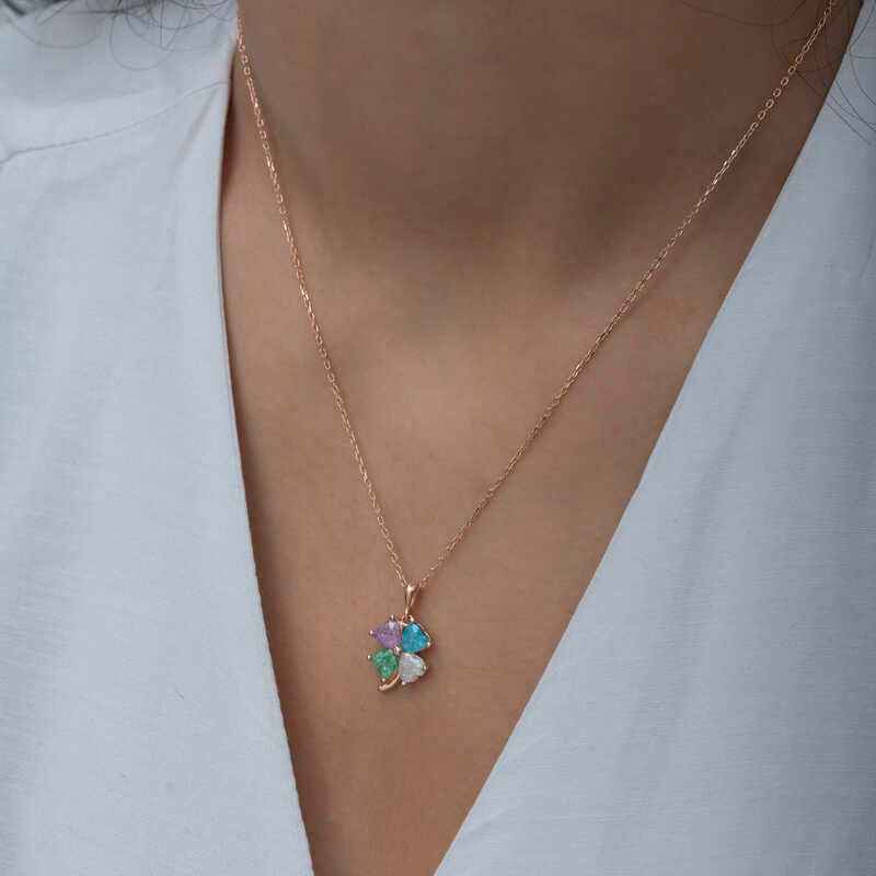 Rose Colored Stone Heart Clover Women's Silver Necklace