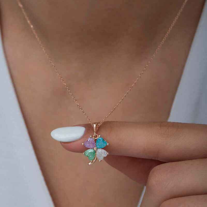 Rose Colored Stone Heart Clover Women's Silver Necklace