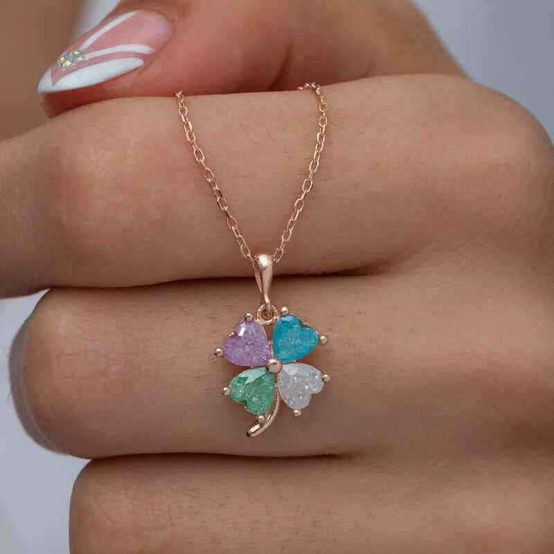 Rose Colored Stone Heart Clover Women's Silver Necklace
