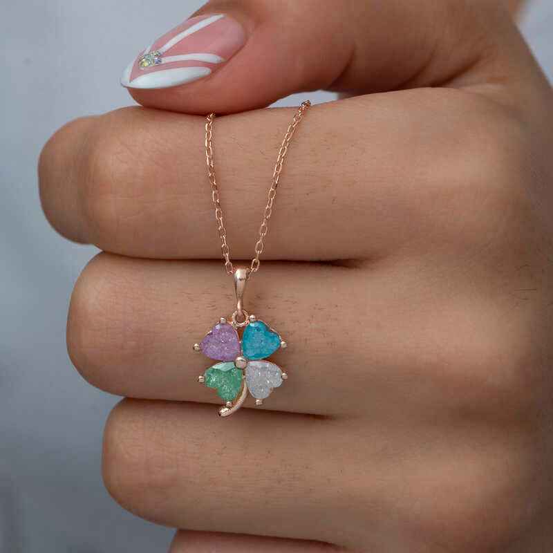 Rose Colored Stone Heart Clover Women's Silver Necklace