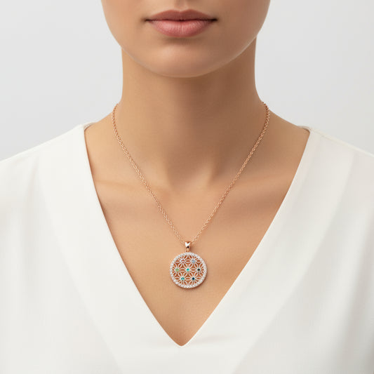 Rose Plated Stone Blume des Lebens Damen Silber Halskette