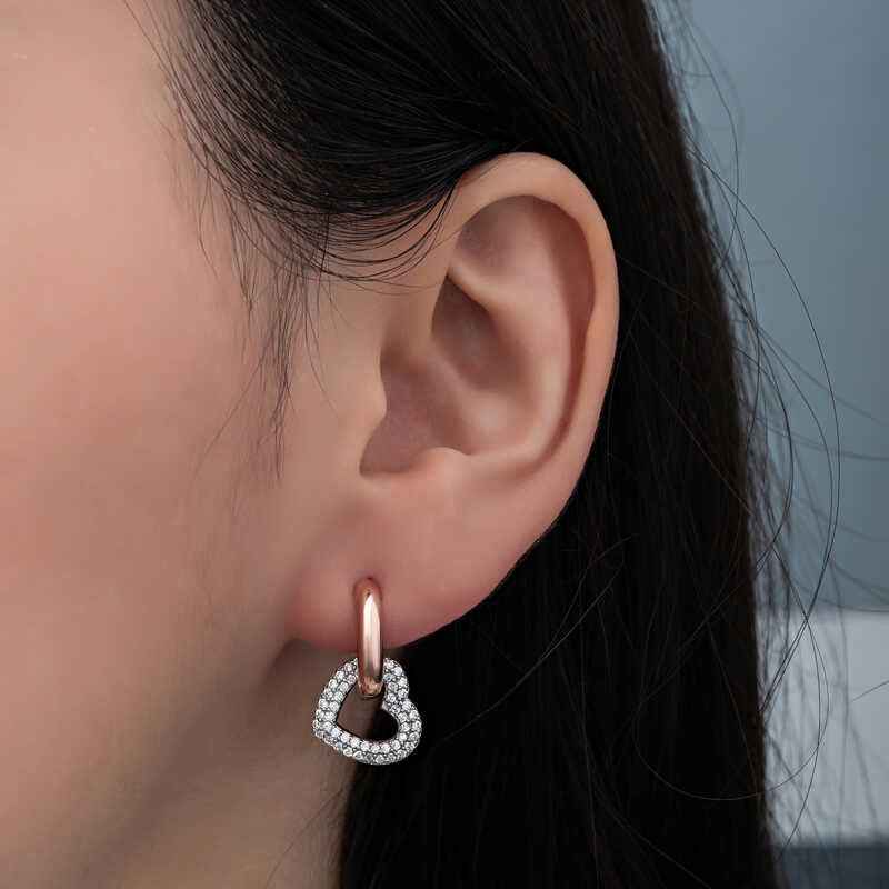 Rose Plated Dangling Heart Women's Silver Earrings
