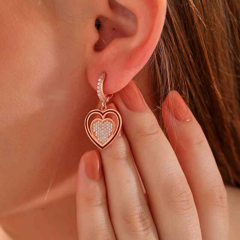 Rose Plated Dangling Heart Women's Silver Earring