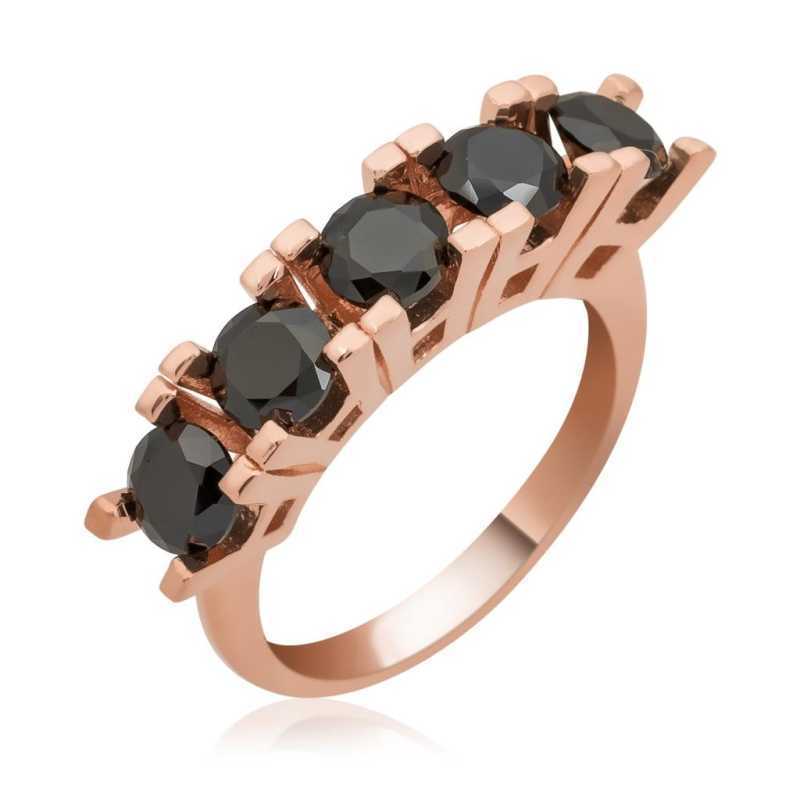 Rose Plated Black 5 Stone Women's Silver Ring