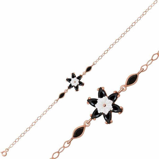 Bracelet en argent plaqué rose et fleur de lotus noir