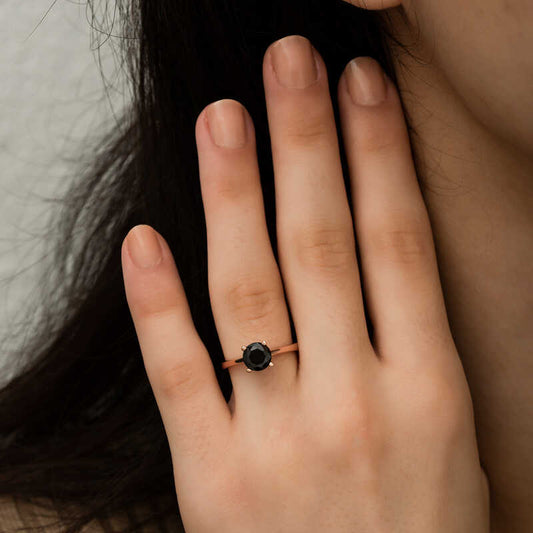 Black Single Stone Rose Plated Silver Women's Ring