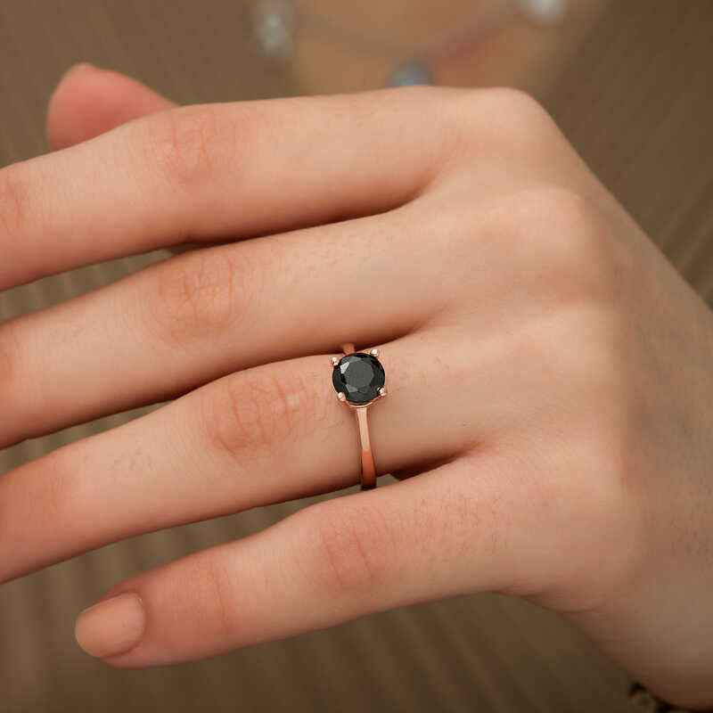 Rose Plated Black Solitaire Silver Ring