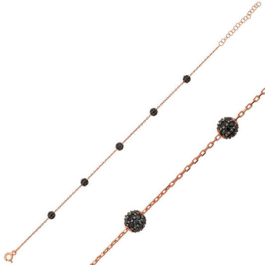 Bracelet pour femme en argent plaqué rose avec perles noires