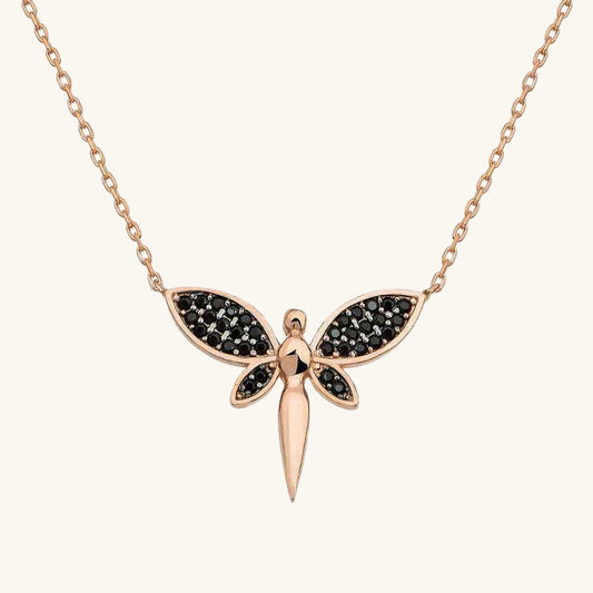 Black Dragonfly Rose Plated Silver Women's Necklace