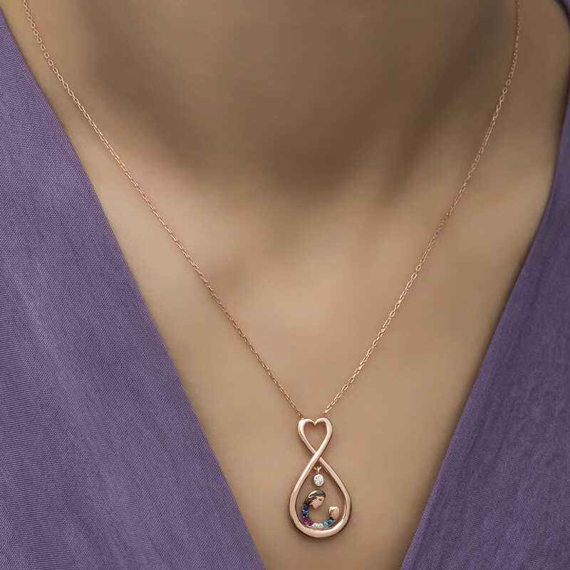 Rose Plated Infinite Heart Mother & Child Silver Necklace