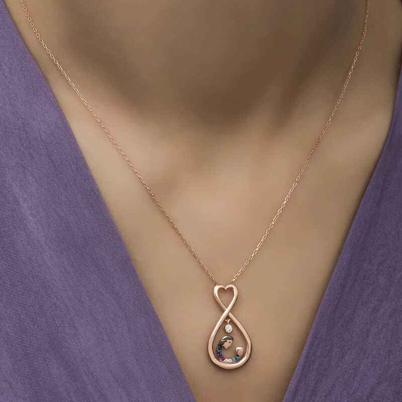 Rose Plated Infinite Heart Mother & Child Silver Necklace