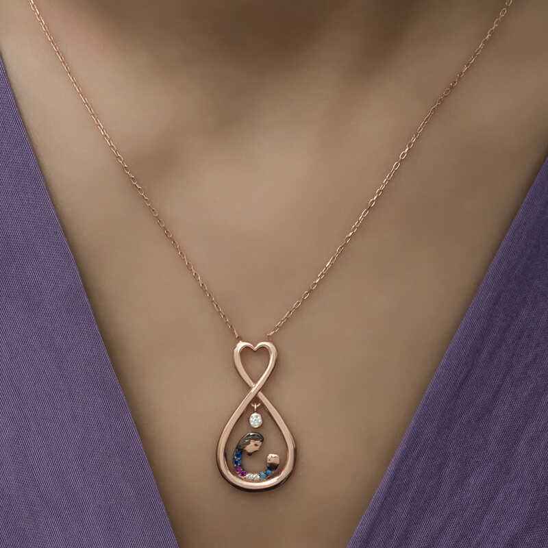 Rose Plated Infinite Heart Mother & Child Silver Necklace