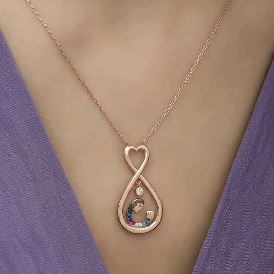 Rose Plated Infinite Heart Mother & Child Silver Necklace