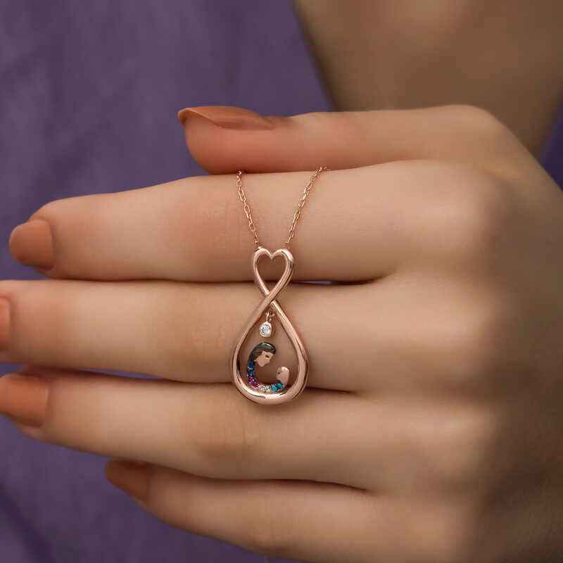 Rose Plated Infinite Heart Mother & Child Silver Necklace