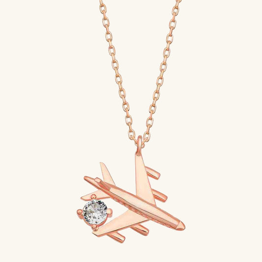 Single Stone Airplane Women's Rose Plated Silver Necklace