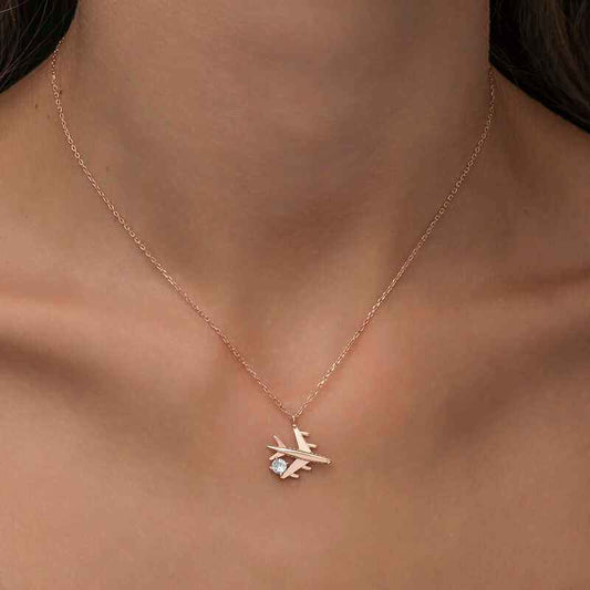 Single Stone Airplane Women's Rose Plated Silver Necklace