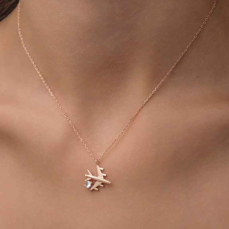Single Stone Airplane Women's Rose Plated Silver Necklace