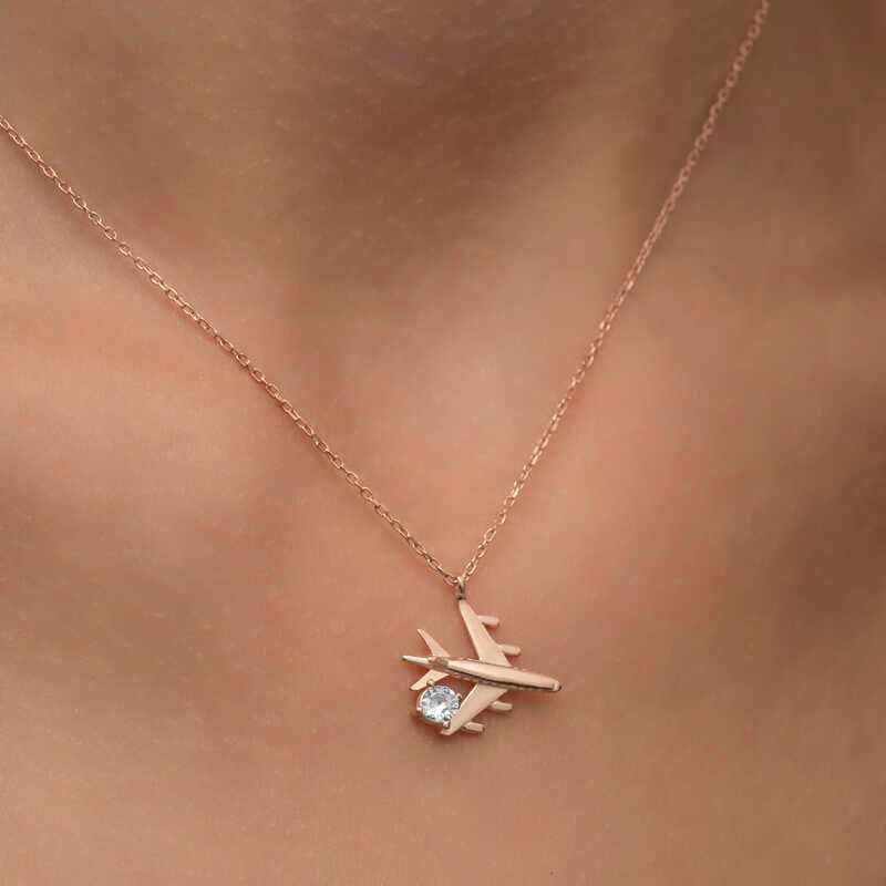Single Stone Airplane Women's Rose Plated Silver Necklace