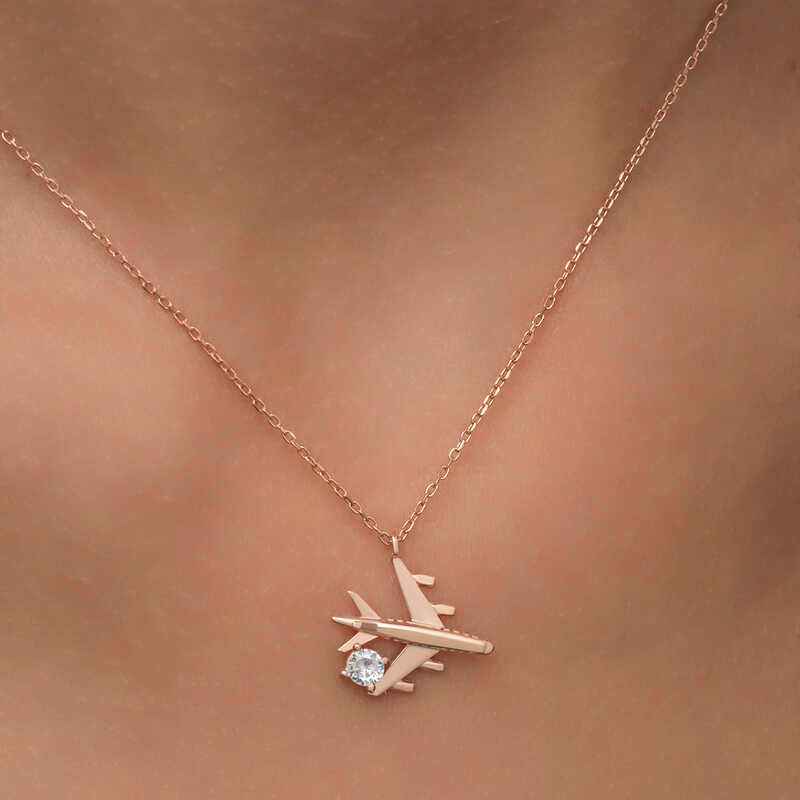 Single Stone Airplane Women's Rose Plated Silver Necklace