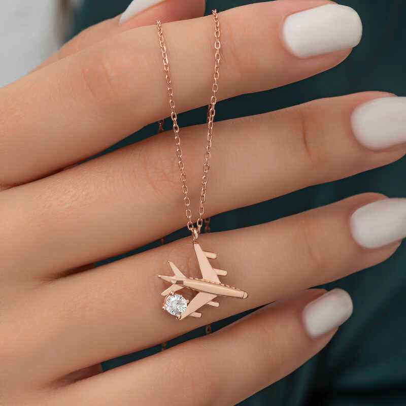 Single Stone Airplane Women's Rose Plated Silver Necklace