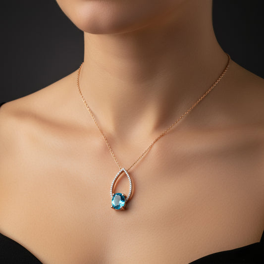 Turquoise Oval Stone Rose Plated Women's Silver Necklace