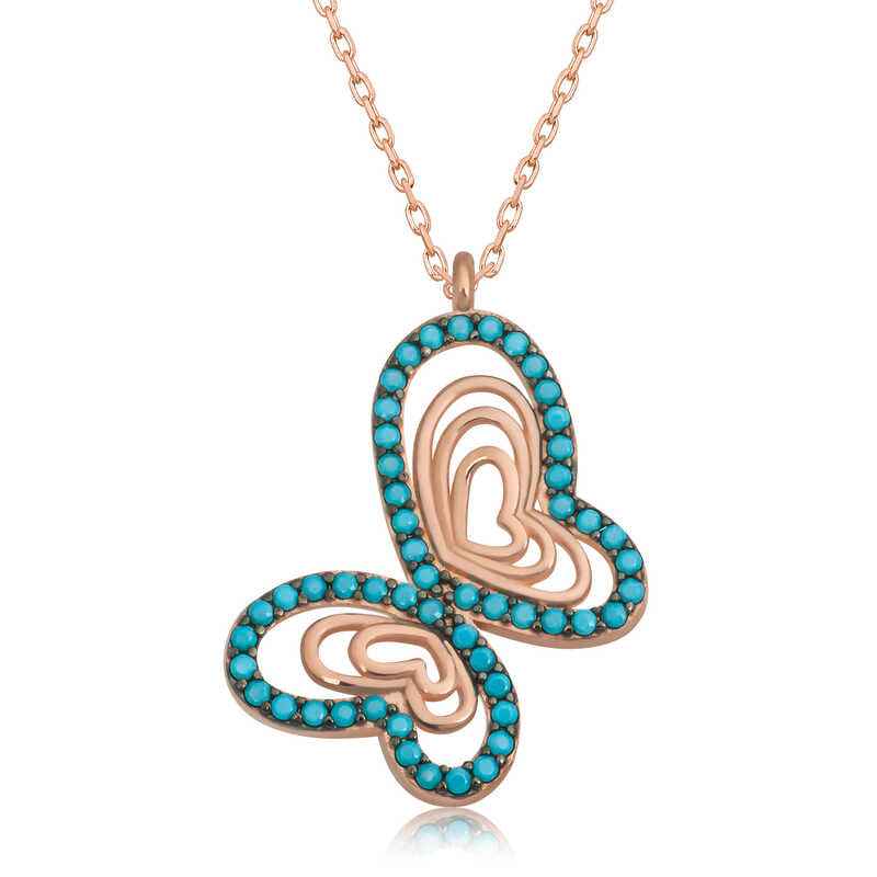 Turquoise Stone Butterfly Women's Rose Plated Silver Pendant