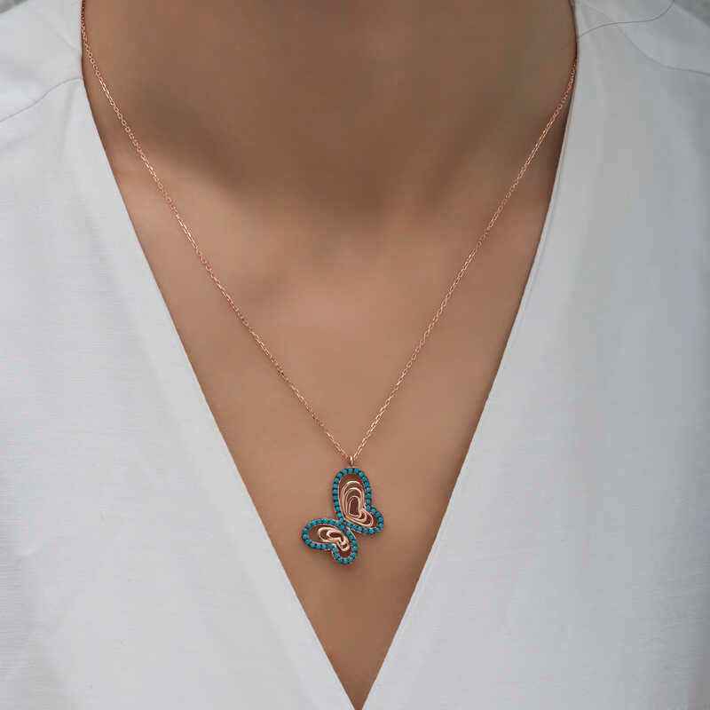 Turquoise Stone Butterfly Women's Rose Plated Silver Pendant