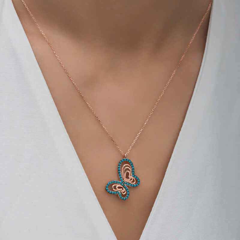 Turquoise Stone Butterfly Women's Rose Plated Silver Pendant