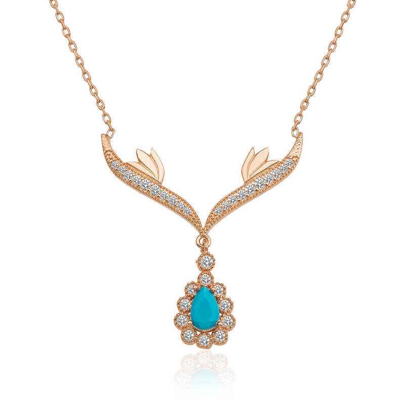 Turquoise Stone Medallion Rose Plated Silver Women's Necklace