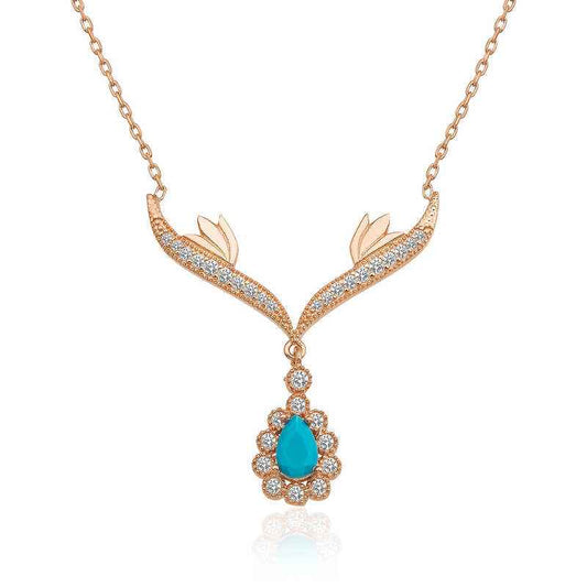 Turquoise Stone Medallion Rose Plated Silver Women's Necklace