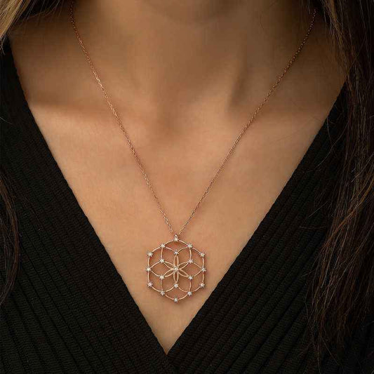 Rose Plated Flower of Life Silver Necklace