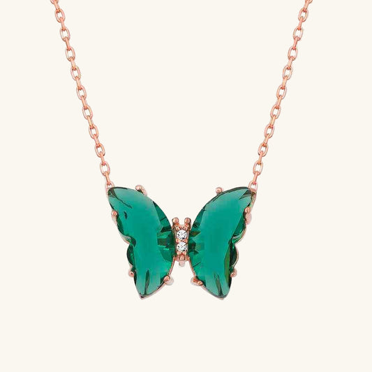 Green Glass Butterfly Rose Plated Silver Pendant
