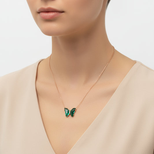 Grüne Glas Schmetterling Rose vergoldet Silber Halskette