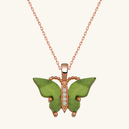 Green Tiger's Eye Stone Butterfly Women's Rose Plated Silver Necklace