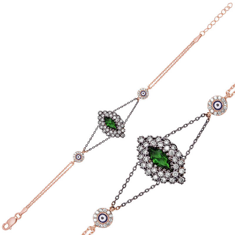Green Stone Rose Plated Authentic Women's Silver Bracelet