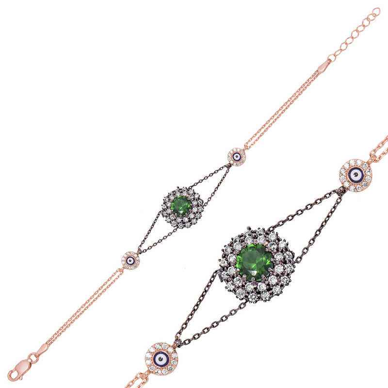 Green Stone Rose Plated Authentic Women's Silver Bracelet
