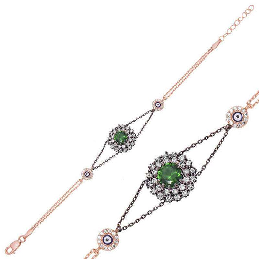 Green Stone Rose Plated Authentic Women's Silver Bracelet