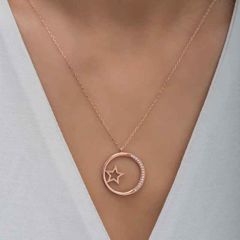 Star Detailed Ring Women's Rose Plated Silver Necklace