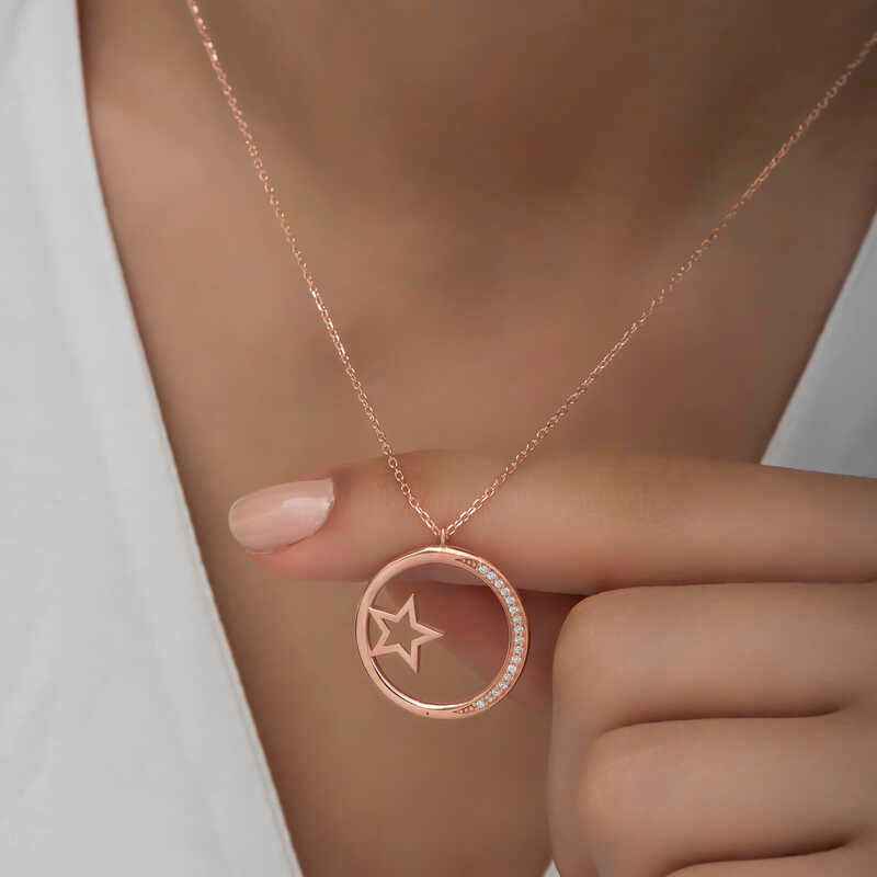 Star Detailed Ring Women's Rose Plated Silver Necklace
