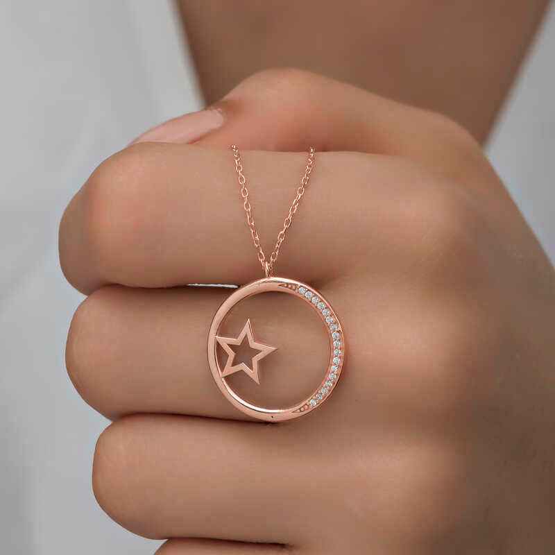 Star Detailed Ring Women's Rose Plated Silver Necklace