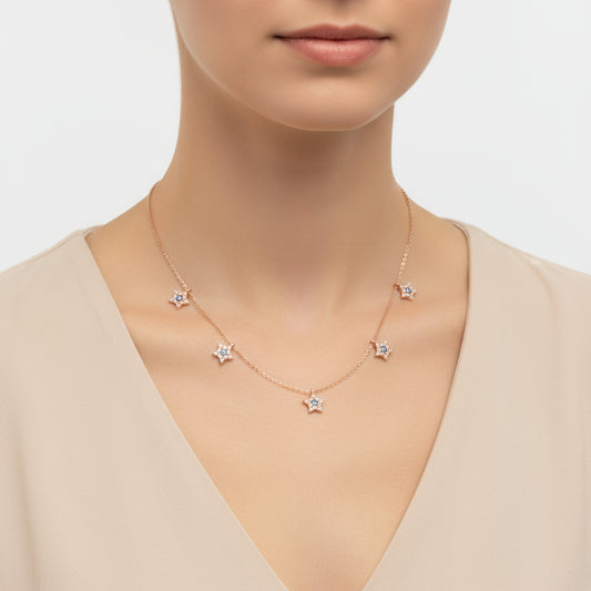Rosévergoldete Stern-Halskette mit bösem Blick und Glücksbringer für Damen, Silber