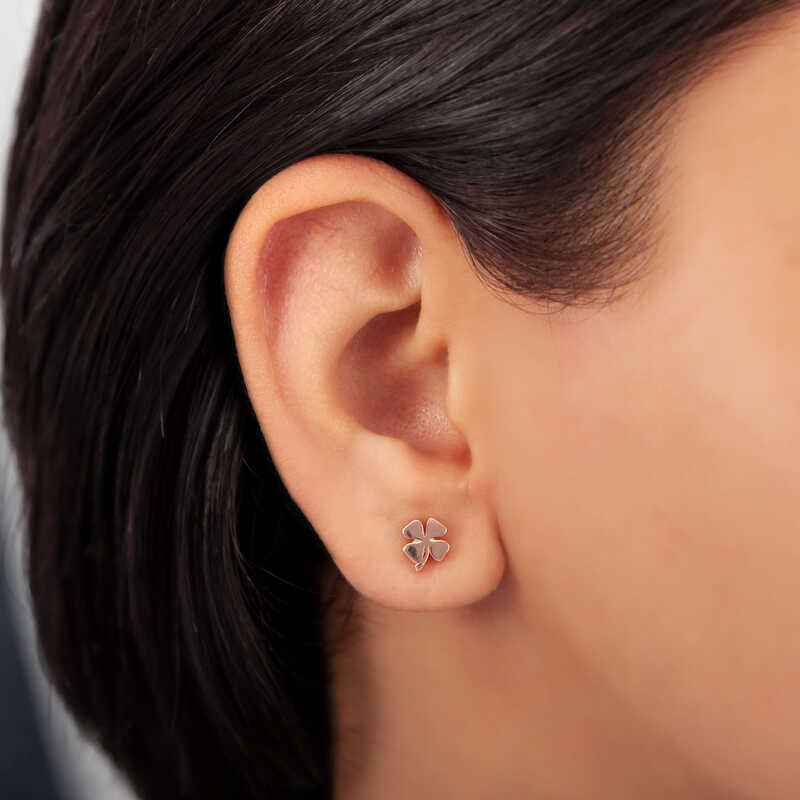 Rose Plated Clover Stud Women's Silver Earrings