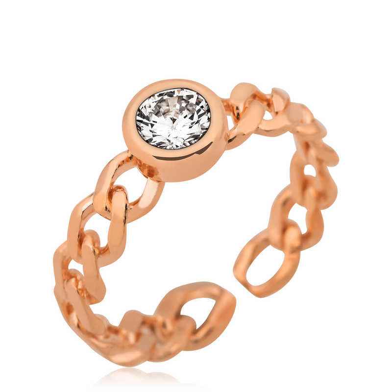 Rose Plated Chain Pattern Single Stone Women's Silver Ring