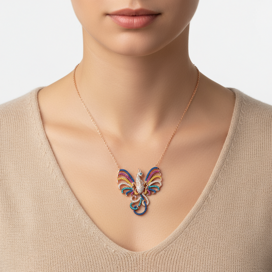 Rose Plated Emerald Phoenix Women's Silver Necklace