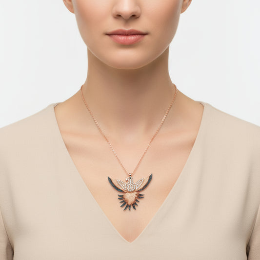 Rose Gold Plated Emerald Phoenix Silver Necklace